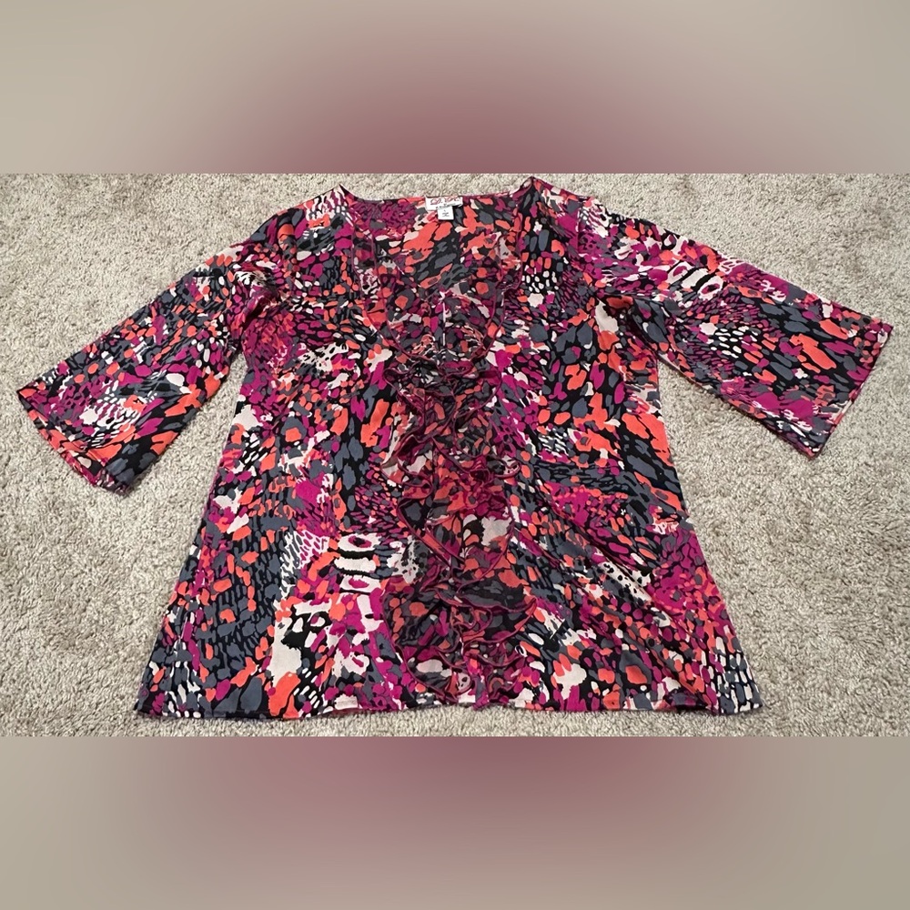 D. Rodriguez Geometric Colorful Blouse Size Large Button Up Ruffle Front